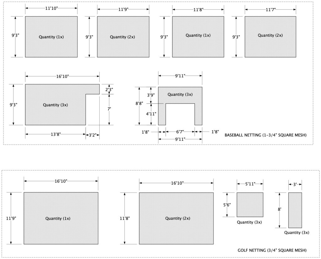 Baseball netting and golf netting panels for a sports training facility location